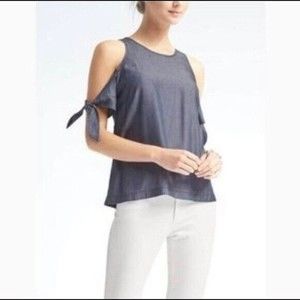 Banana Republic Top Womens Size S Blue Chambray Tencel Cold Shoulder Tie Sleeves